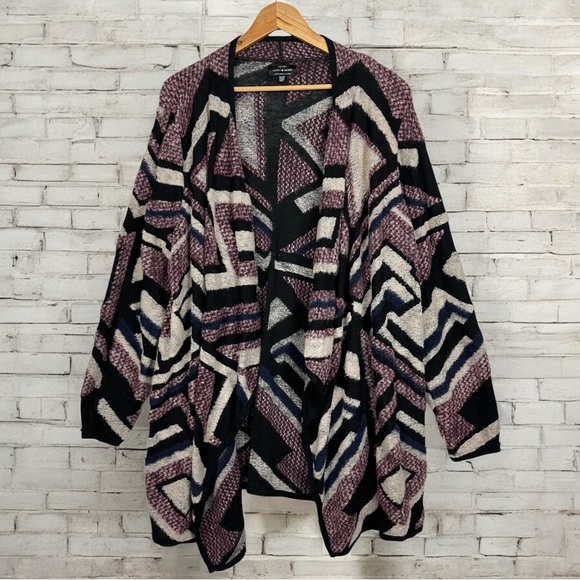 Lucky Brand Intarsia Boho Drape Front Knit Oversized Open Cardigan Sweater 2X